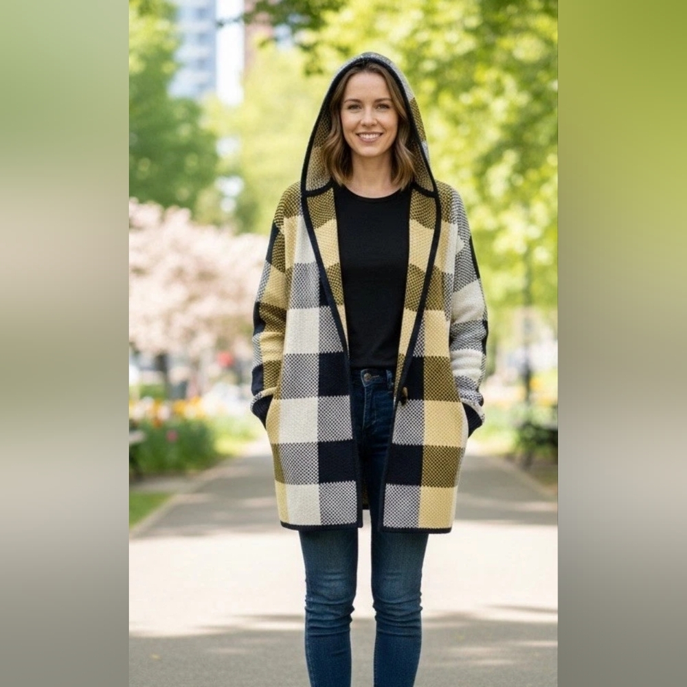 CAbi Hooded Sweater Coat Style 4229 Yellow Navy Ivory Plaid
